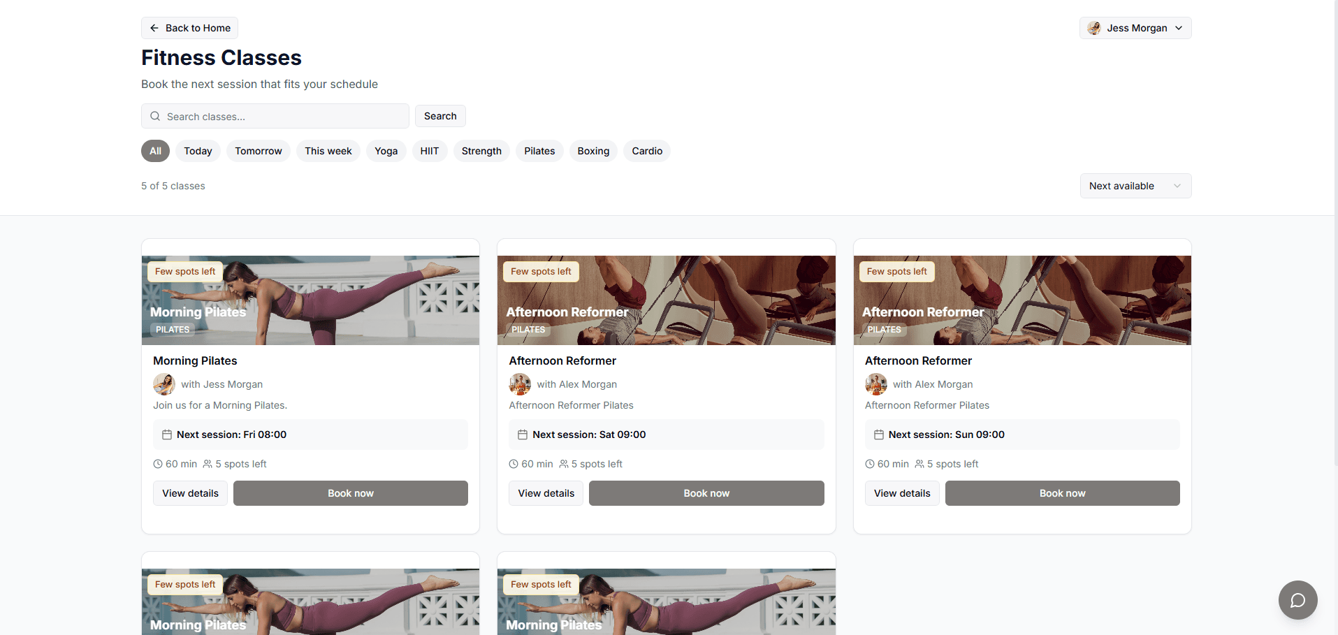Voralink studio bookings and timetable interface